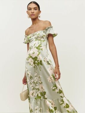 Reformation Sianna Floral Silk Dress in Sage and Cream (Tarragon)